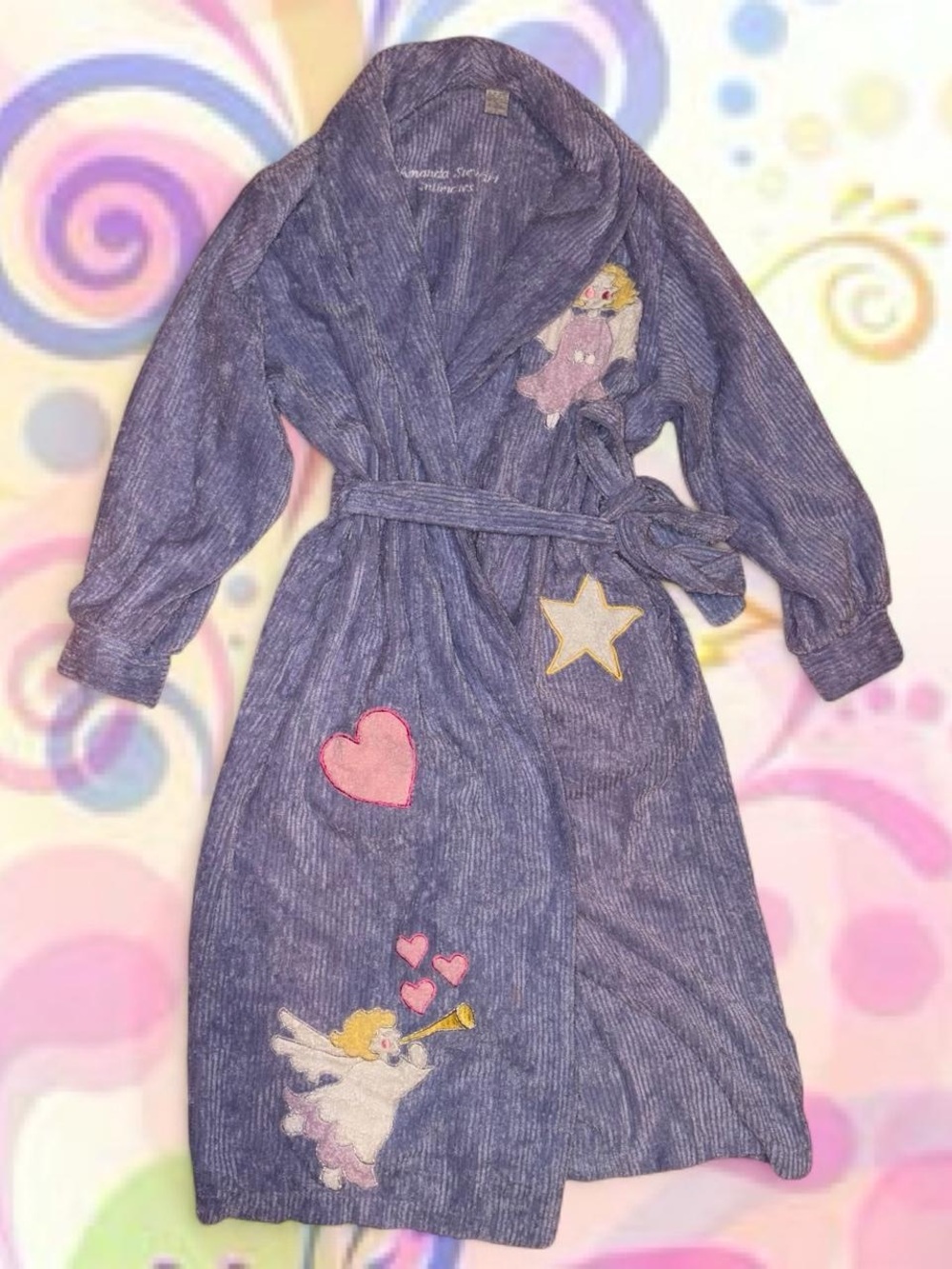 vtg 80s chenille cherub heart star bathrobe - amanda stewart intimates, sz sm